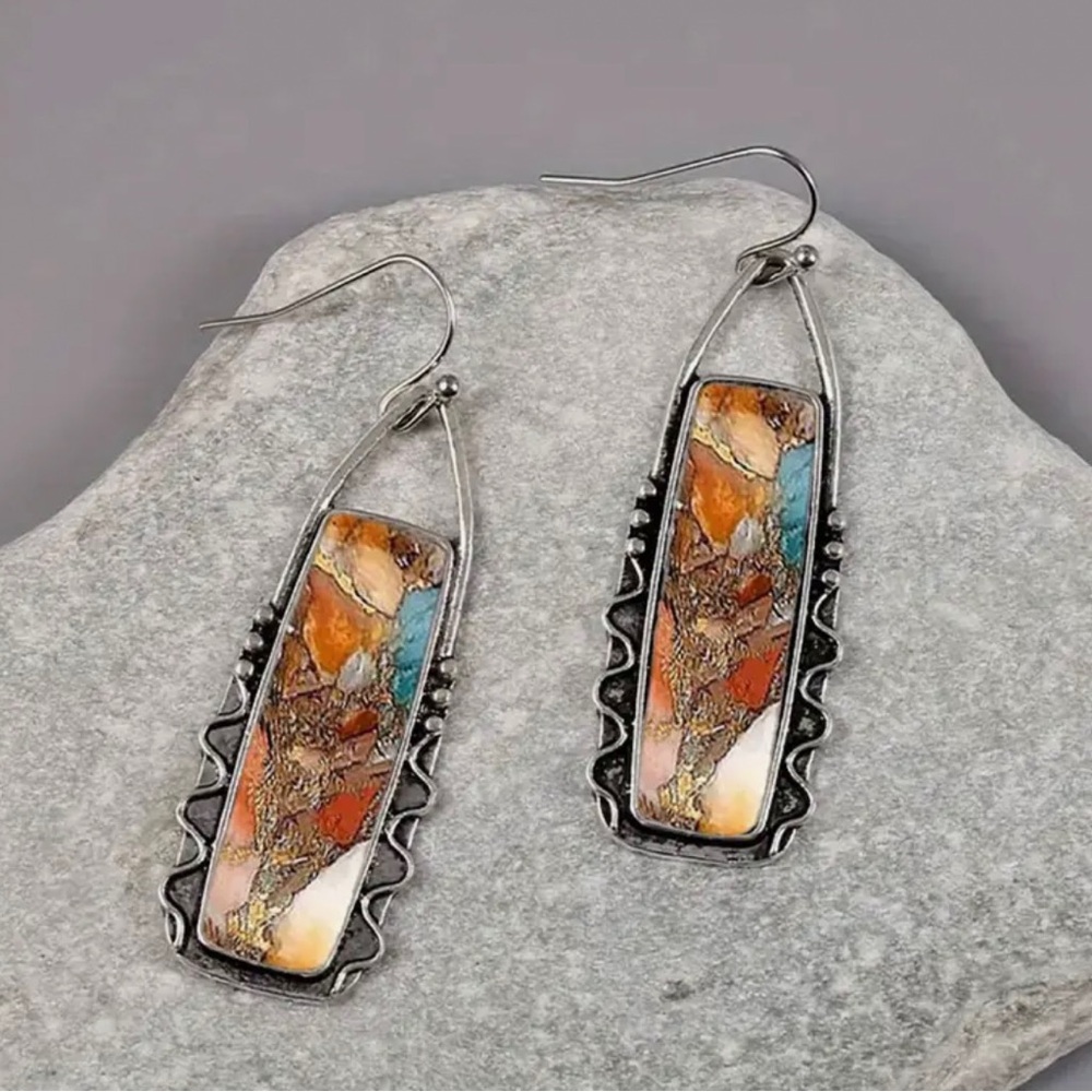 Silver Multicolor Dangle Earrings Orange Blue Cream Lightweight Statement Gift